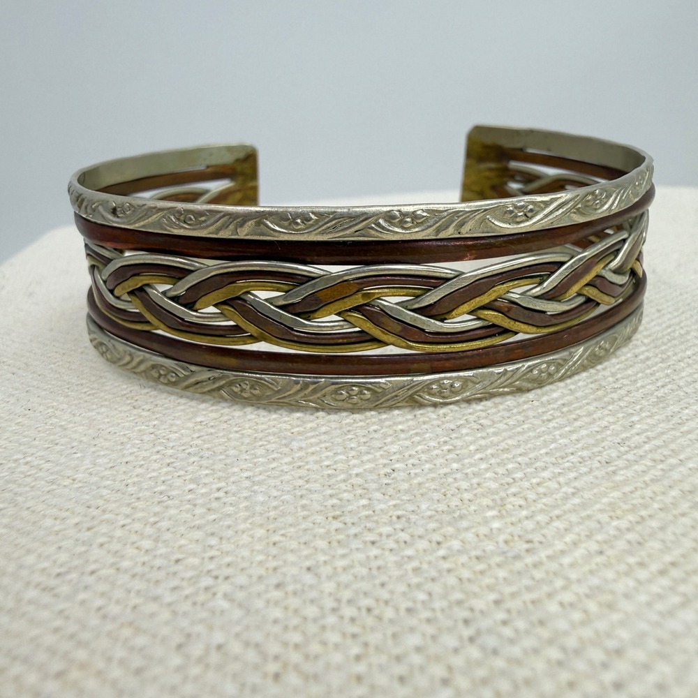 Mixed Metal Braided Cuff Bracelet Copper Brass Silver Tone Boho Etched Floral‎